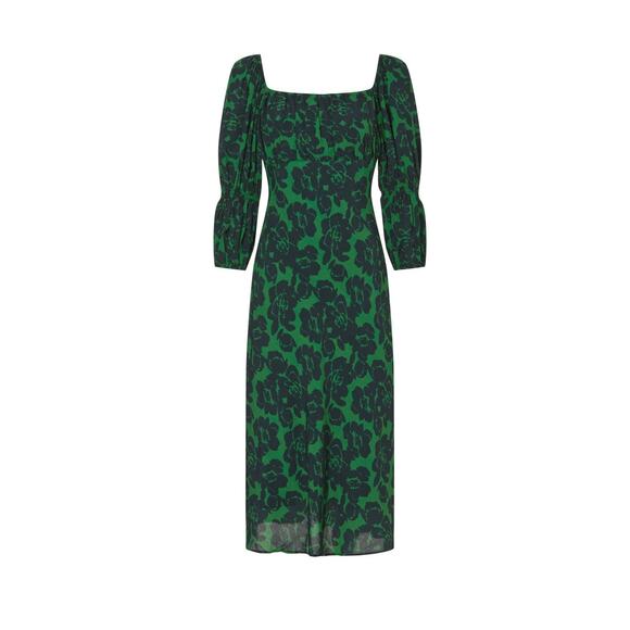 Peter Som Green Floral Print Crepe Long Sleeve Square Neck Midi Dress Size 6 - Picture 6 of 16